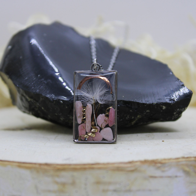 Pendentif Rhodonite et graines de pissenlit