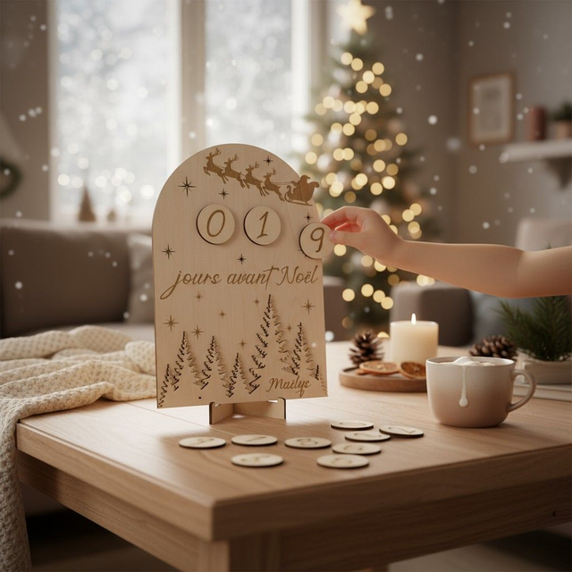 Calendrier de l&#039;Avent , décompte de Noël - décoration personnalisée en bois gravé - décor Forêt