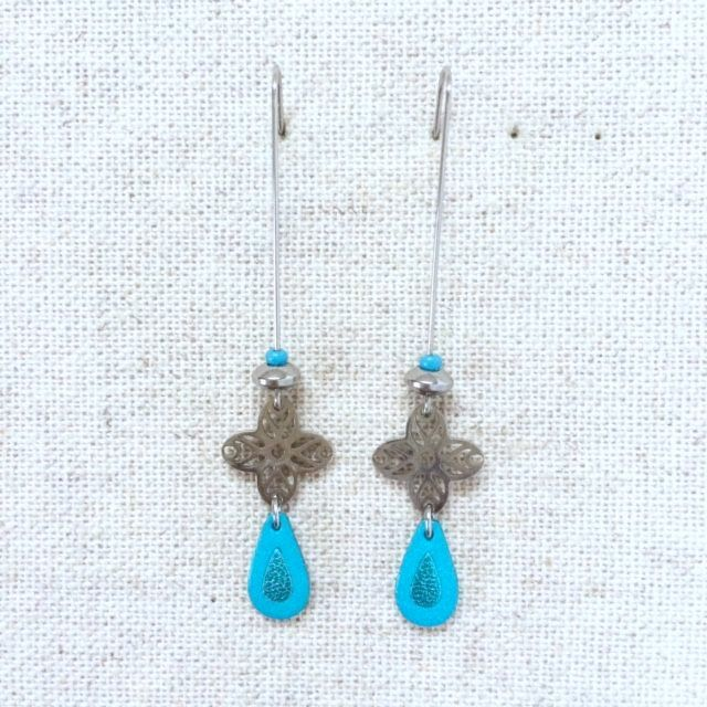 Boucles d’oreilles « Fancy » argentées, cuir turquoise vif et turquoise métallisé