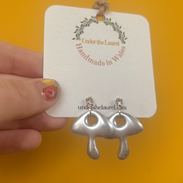 Mushroom Earrings - Silver with Cubic Zirconia 