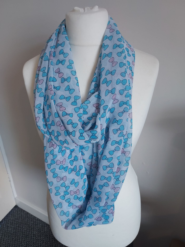 Handmade White infinity scarf, with Blue & Pink Bow Print, loop scarf, wrap, shawl, Mothers Day Gift, Letter Box