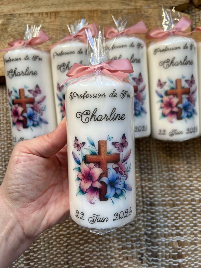 Bougie Profession de foi, baptême, communion, croix et fleurs