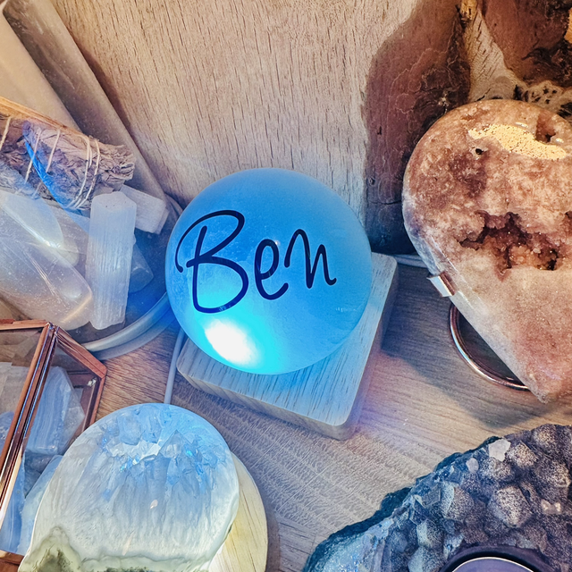 Crystal Lamp: Selenite Sphere (70mm) on Multicoloured Light Base (personalisation available)