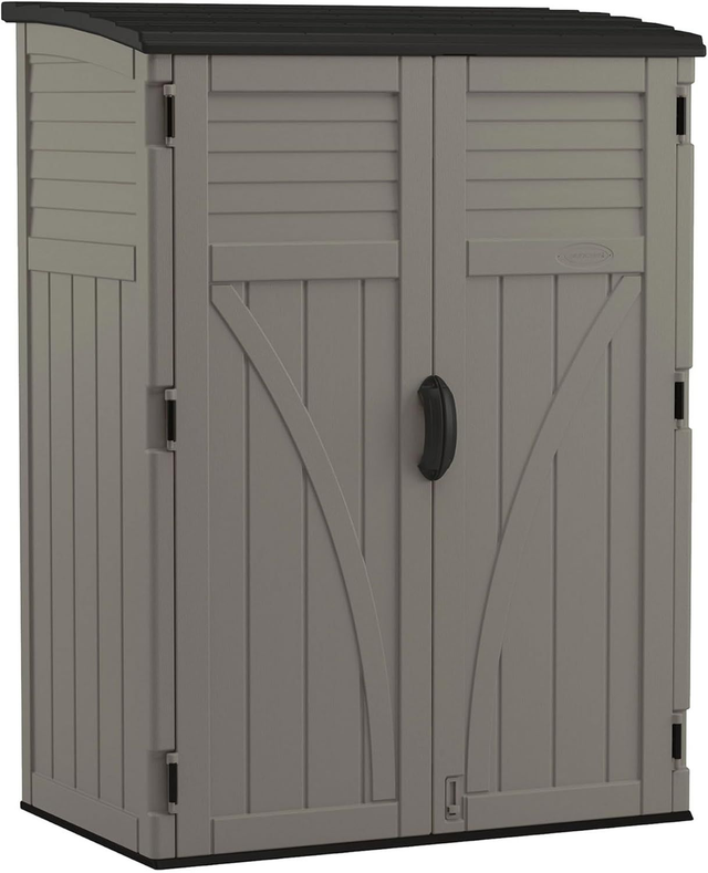 Suncast Outdoor Storage Cabinet Waterproof Resin Vertical Outdoor Storage Shed (54 cu. ft.) for Patio, Garden Tools, Cushions, &amp; Equipment.