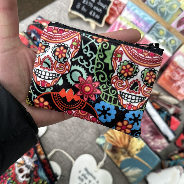 Handmade “carnival skulls” coin purse