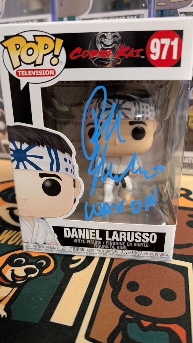 Funko Pop Cobra Kai Karate Kid Daniel Larusso 971 Signed by Ralph Macchio with SWAU &amp; Monopoly COA