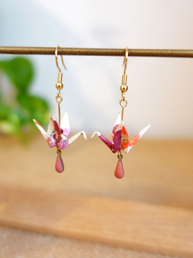 INOX doré / Origami grues, oiseaux / Papier japonais washi / Violet, Orange, or / Boucles d'oreilles origami /