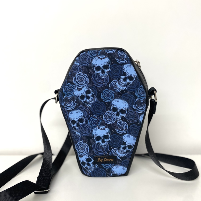 Coffin shaped skulls and roses small crossbody bag 