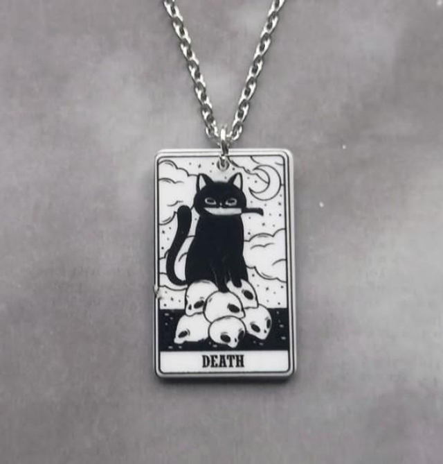 Death Cat Tarot Card Necklace 