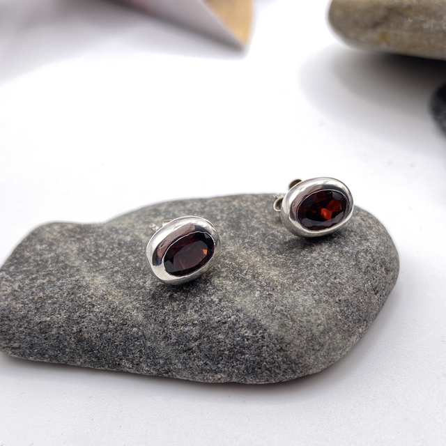 REFURBISHED Garnet and Sterling Silver Stud Earrings for pierced ears