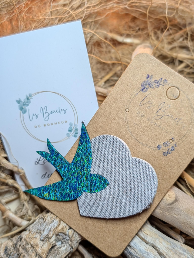 Broche coeur hirondelle argenté turquoise b002