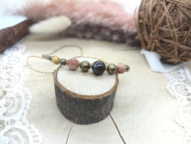 Bracelet fin marron jaspe mokaite perles bronze