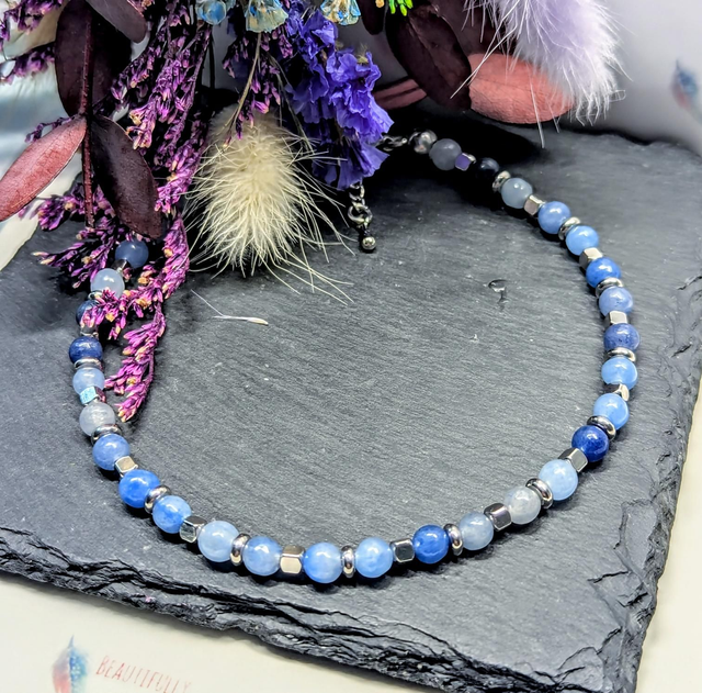 Blue Aventurine Gemstone & Stainless Steel Beaded Anklet