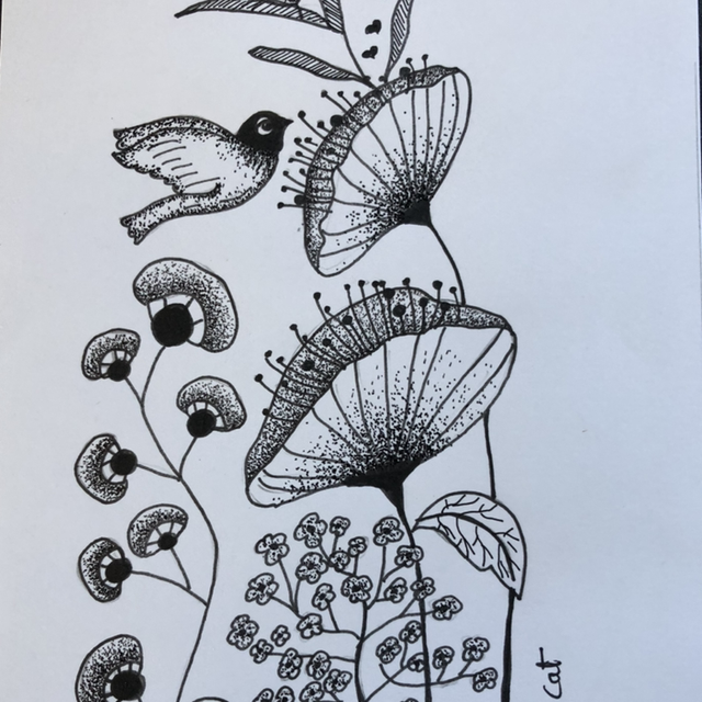 Oiseaux &amp; fleurs - 14 x 20 cm - encadrement noir