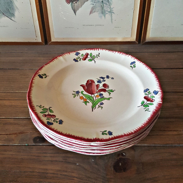 X Assiettes plates Gien Lorraine, peintes à la main 