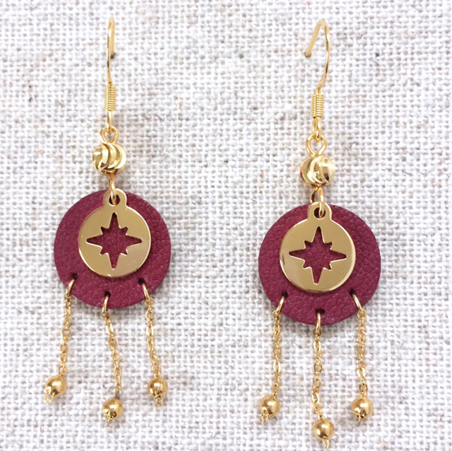 Boucles d’oreilles « Mazurka » cuir bordeaux 