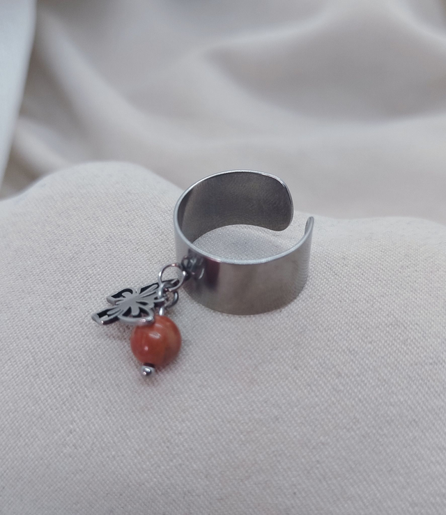 Bague ajustable 47 à 52 et pendentif &quot;papillon&quot; acier inoxydable et pierre naturelle (jaspe rouge)