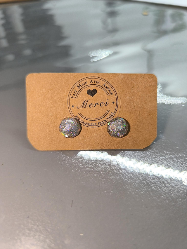 Petites boucles d'oreilles ronde argenté holographique 