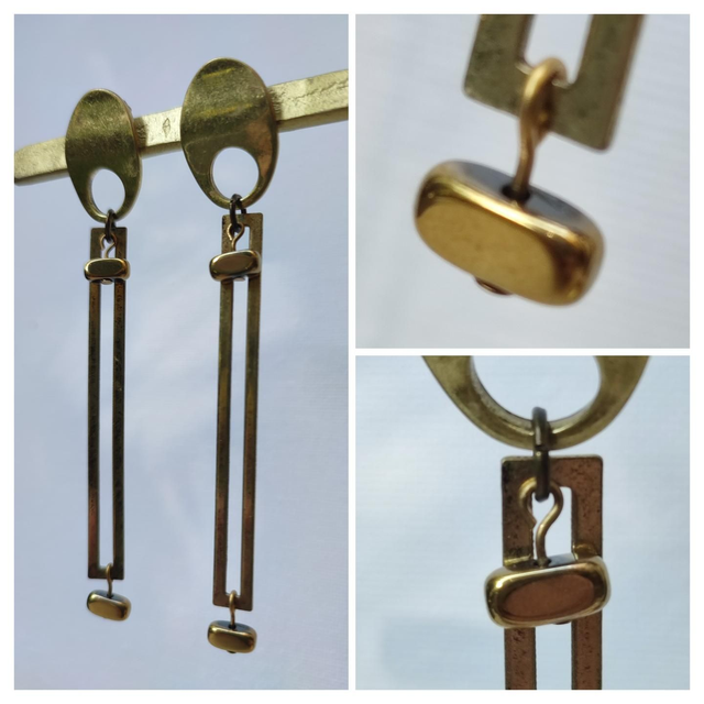 Boucles d'oreilles longues hématite doré et laiton bronze, pièce unique sans nickel 