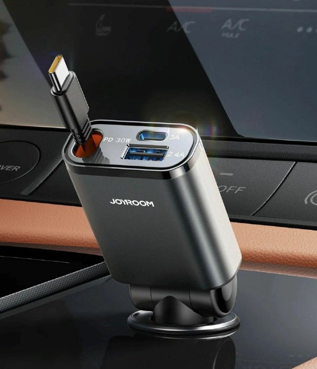 Joyroom polnilec avtomobilski 12V 24V 45W PD QC TipA TipC+kabel črn JR-CCL07