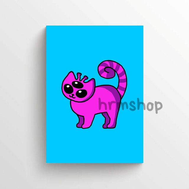 Pink Alien Cat (Blue Background) Art Print 6x4" Unframed 