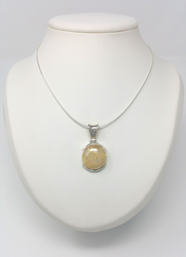 PENDENTIF CABOCHON ROND DE RUTILE DEMI CERTI D&#039;ARGENT MASSIF VENDU SANS CHAINE - 1359