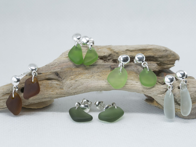 Sterling silver sea glass stud drop earrings