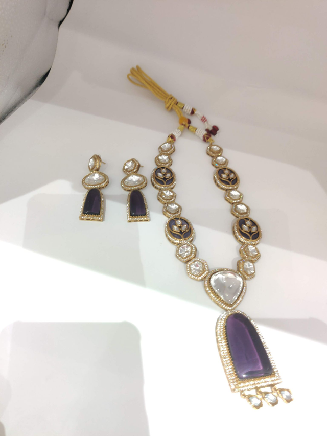 Purple Moissanite Stone Jewelry set I Indian Jewelry I Green Necklace with Maang Tikka I Indian Jewelry Sets I Polki Sets I Meenakaari Jewelery Set 
