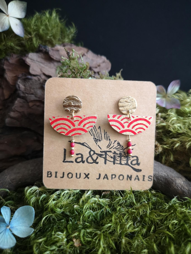 Boucles d'oreilles - puces - papier washi - vague - Seigaiha - perles - La&Titia 