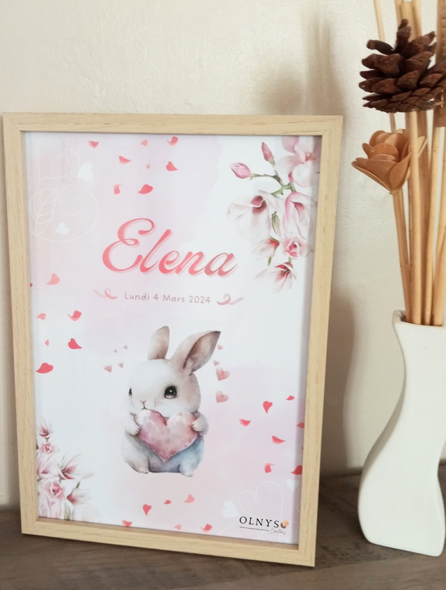 Affiche Naissance Prénom (personnalisable) - Lapin avec coeur