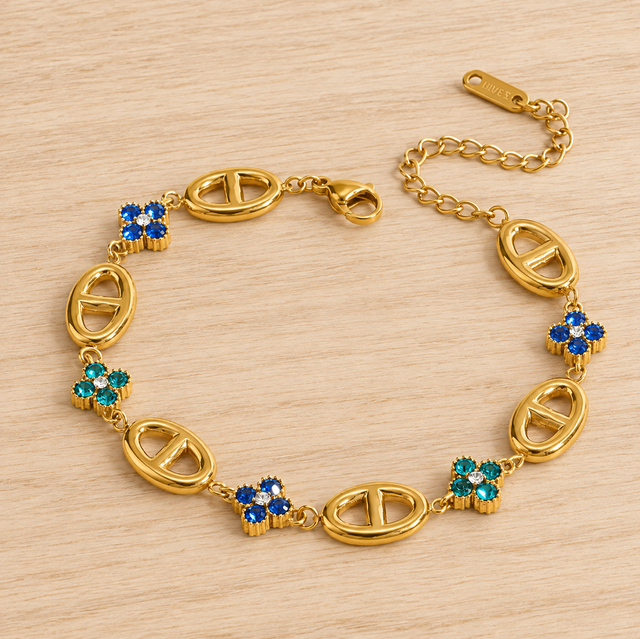 Bracelet maille et fleurs bleues et vertes