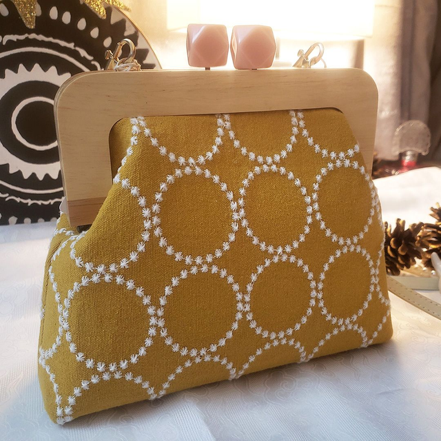 Circle Pattern Embroidery + Wooden Handle Bag - Mustard Color