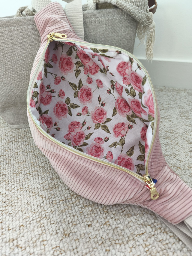 Banane Adulte velours côtelé rose poudré et roses