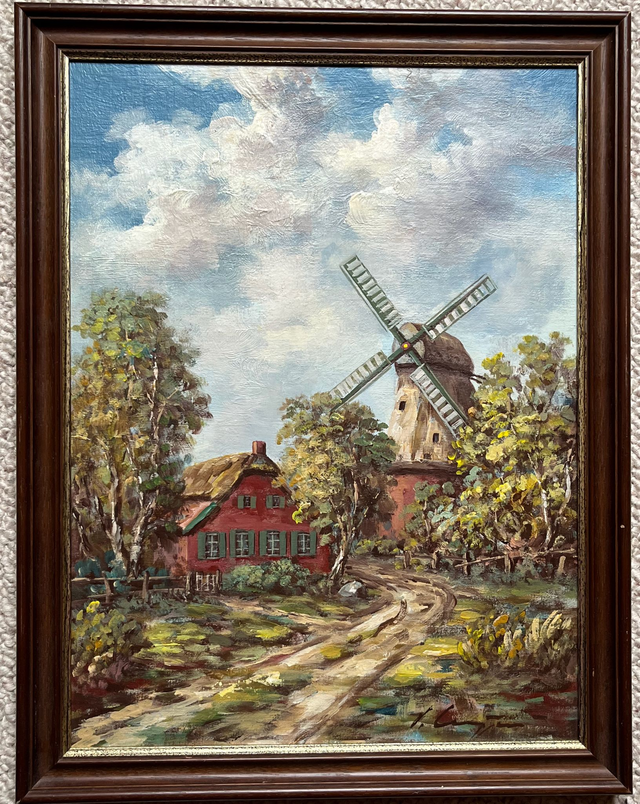 Ölgemälde auf Holz mit idyllisch gelegener Windmühle