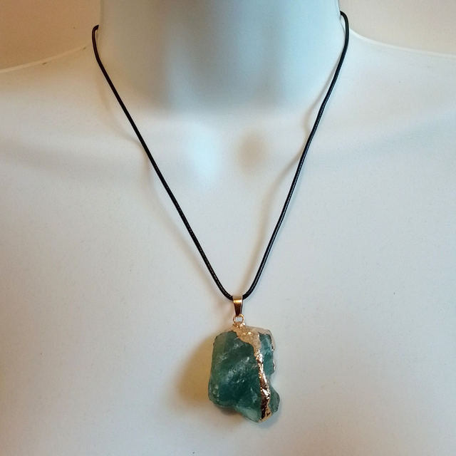 PU Leather Adjustable Necklace With Large Natural Raw Stone Fluorite Pendant