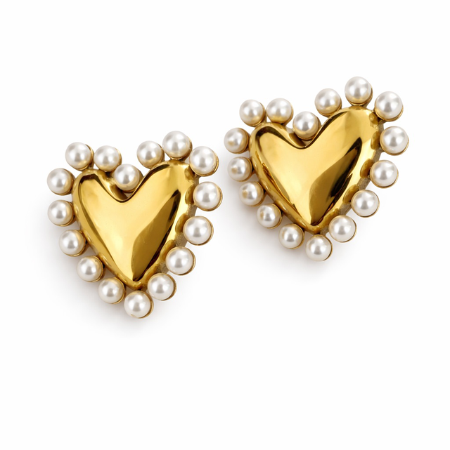 Pendientes acero dorado corazón y perlas 