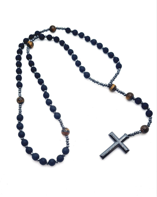 Crucifix en pierres naturelles lave noir, oeil de tigre &amp; hématite 