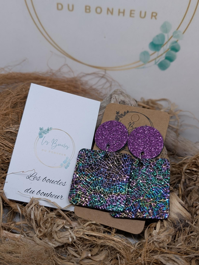 Boucles d'oreilles Perrine holographique violet paillettes p003