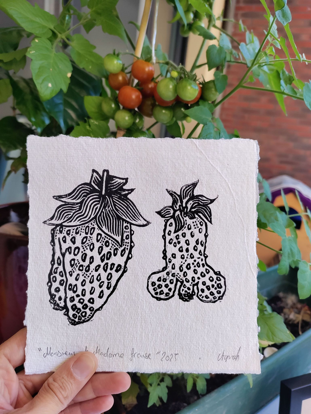 impression linogravure fraises "Monsieur et Madame Fraise" 15X15cm