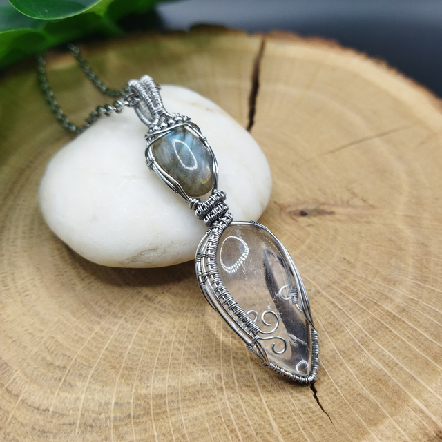 Pendentif "Talisman Protection" Labradorite et Cristal de roche (Quartz incolore)