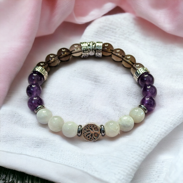 Addiction/Alcool et Tabac/ Apaise le mental/Bracelet en Quartz fumé, Pierre de Lune et Améthyste / 8mm