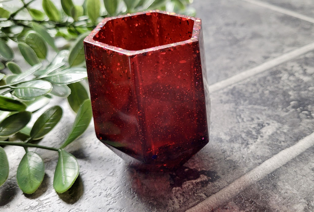 Pencil Pot - Dark Red Glitter Resin Pot – Hexagonal Holder for Pens, Brushes, or Makeup