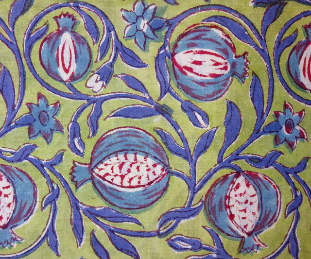 Grand sac cabas vert clair, bleu et rouge en coton imprimé à la main au block print - Doublure en coton rayé - Tote bag - Confectionné en Inde