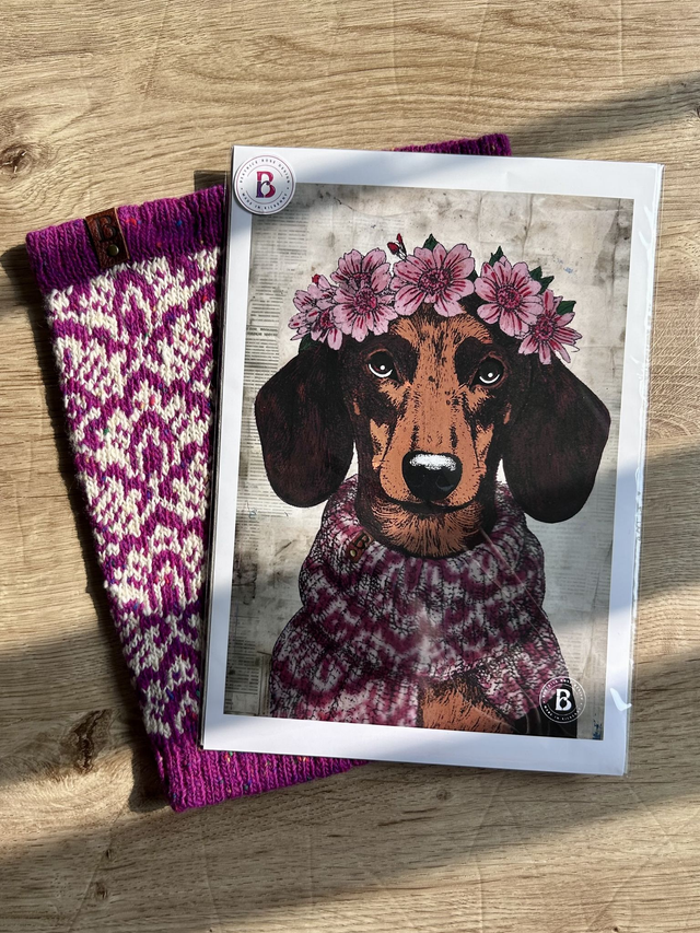 Dachshund Dog In Floral Mixed Media Art Print A4