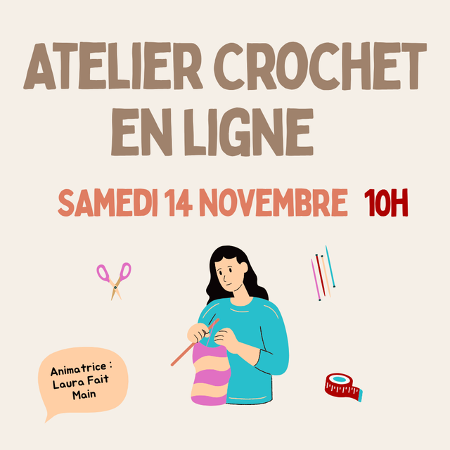 Atelier crochet en ligne 2h - Samedi 14 novembre à 10h - Initiation aux bases