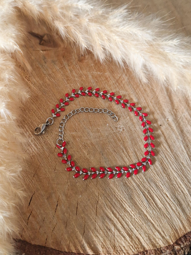 Bracelet "Chaîne épi" - Modèle argenté et rouge