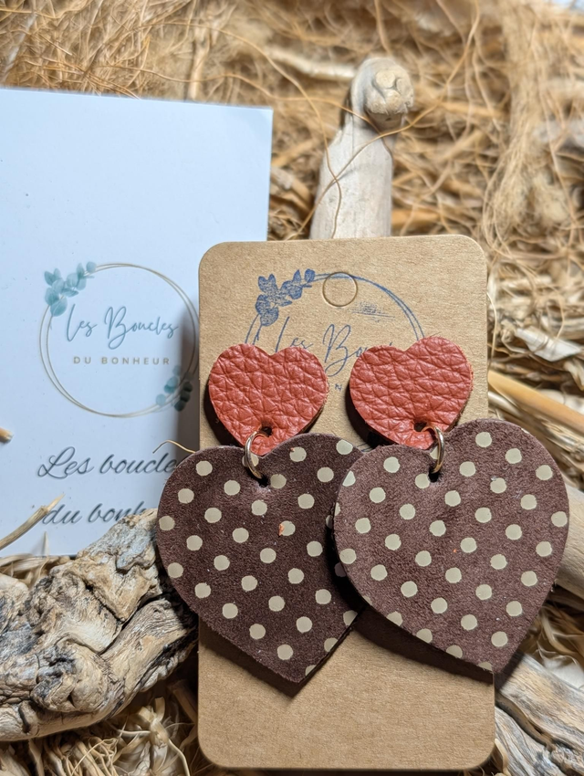 Boucles d'oreilles Louise marron glacé à pois et terracotta lo153