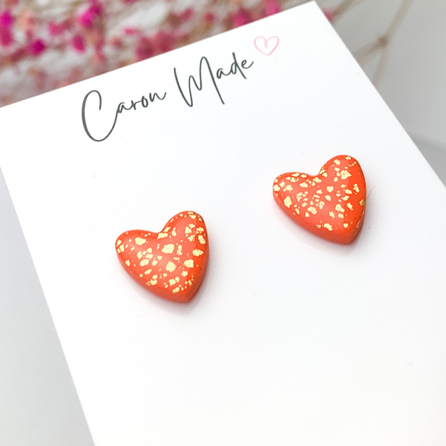 Coral orange and gold heart stud earrings