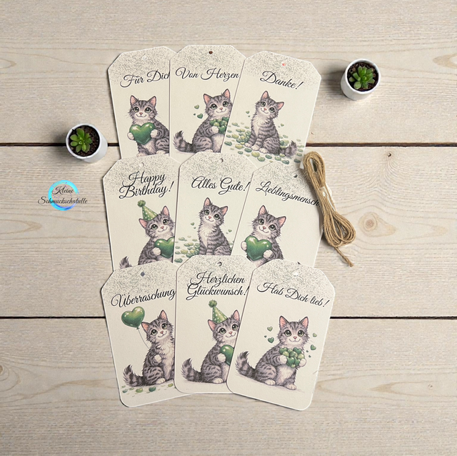 Katze getigert - 9-teiliges Geschenkanhänger-Set verschiedene Motive