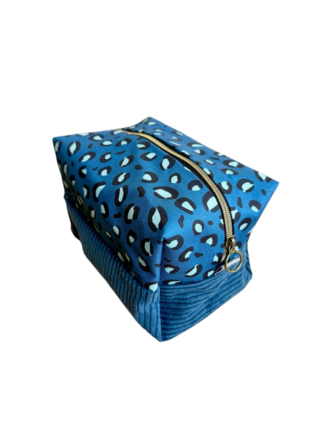 Trousse de toilette carré - tissu intérieur imperméable - LEOPARD velours pétrole + pétrole